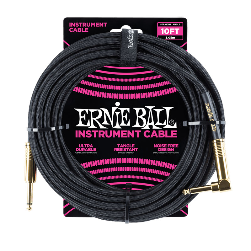 ERNIEBALL Braided Instrument Cable Straight/Angle 10ft - Black w/Gold Connectors P06081 ERNIEBALL Braided Instrument Cable Straight/Angle 10ft - Black w/Gold Connectors P06081