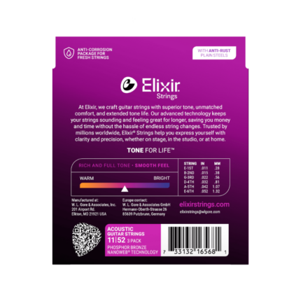 ELIXIR PHOSPHOR BRONZE 3 PACK 11-52 ACOUSTIC GUITAR STRINGS