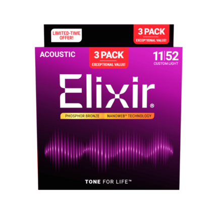ELIXIR PHOSPHOR BRONZE 3 PACK 11-52 ACOUSTIC GUITAR STRINGS