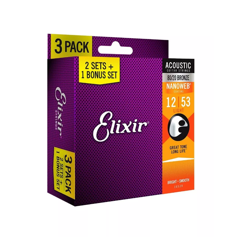 ELIXIR BRONZE 3 PACK 12-53 ACOUSTIC GUITAR STRINGS
