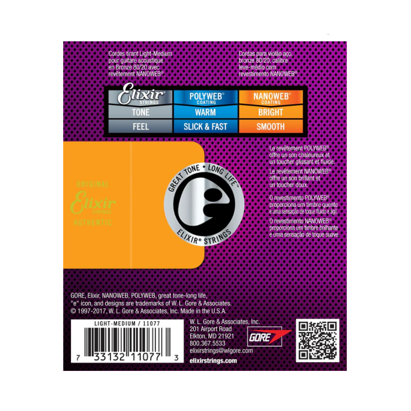 Elixir 11077 12-56 80/20 Bronze Nanoweb Light/Medium Acoustic Strings