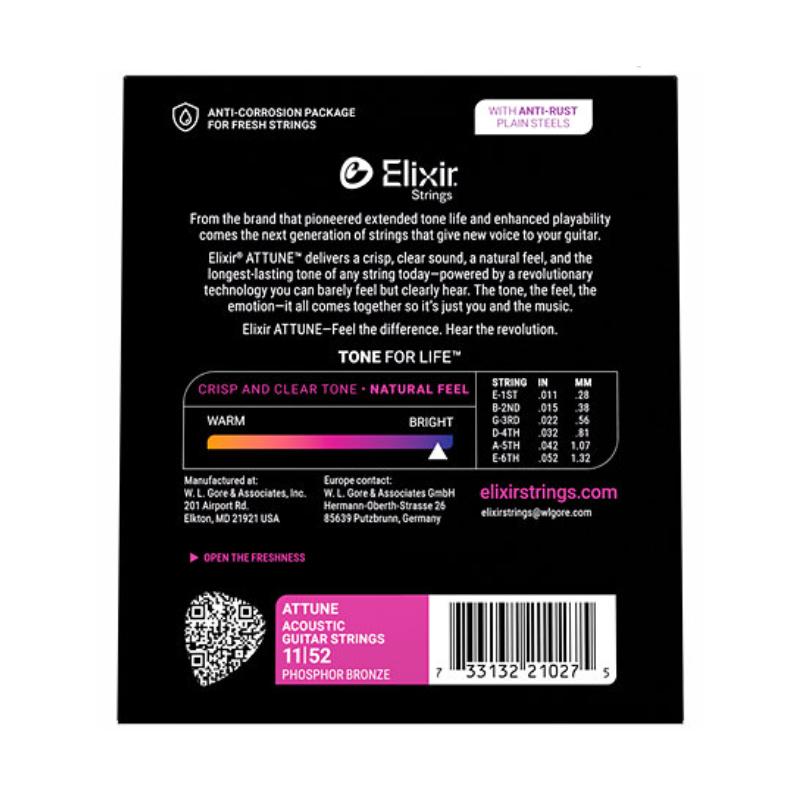 Elixir Attune 11/52 Phosphor Bronze Set of Strings for Acoustic Guitar 21027